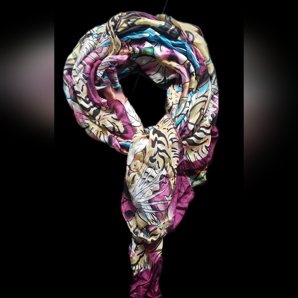 Vintage Christian Audiger Ed Hardy Silk Scarf / Shawl / Wrap - Tiger Snake Motif